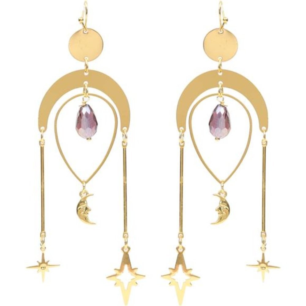 Boho Gold Crescent Moon‎ Sun & Star Crystal Statement Dangle Drop Earrings